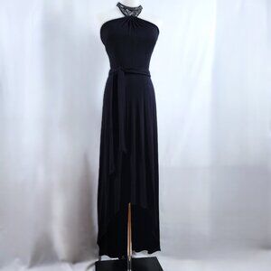 Cache Black High-Low Halter Evening Dress with Chain Beading - Size Small